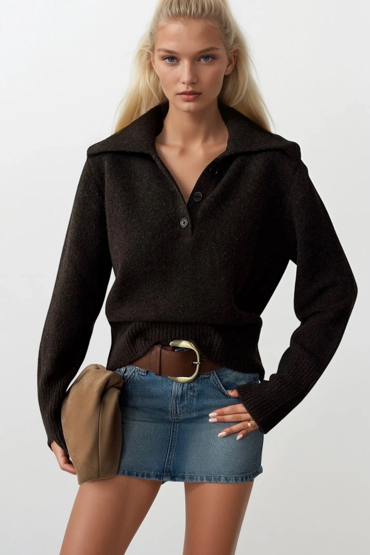 Toptan Polo Yaka Düğmeli Kahverengi Triko Kazak