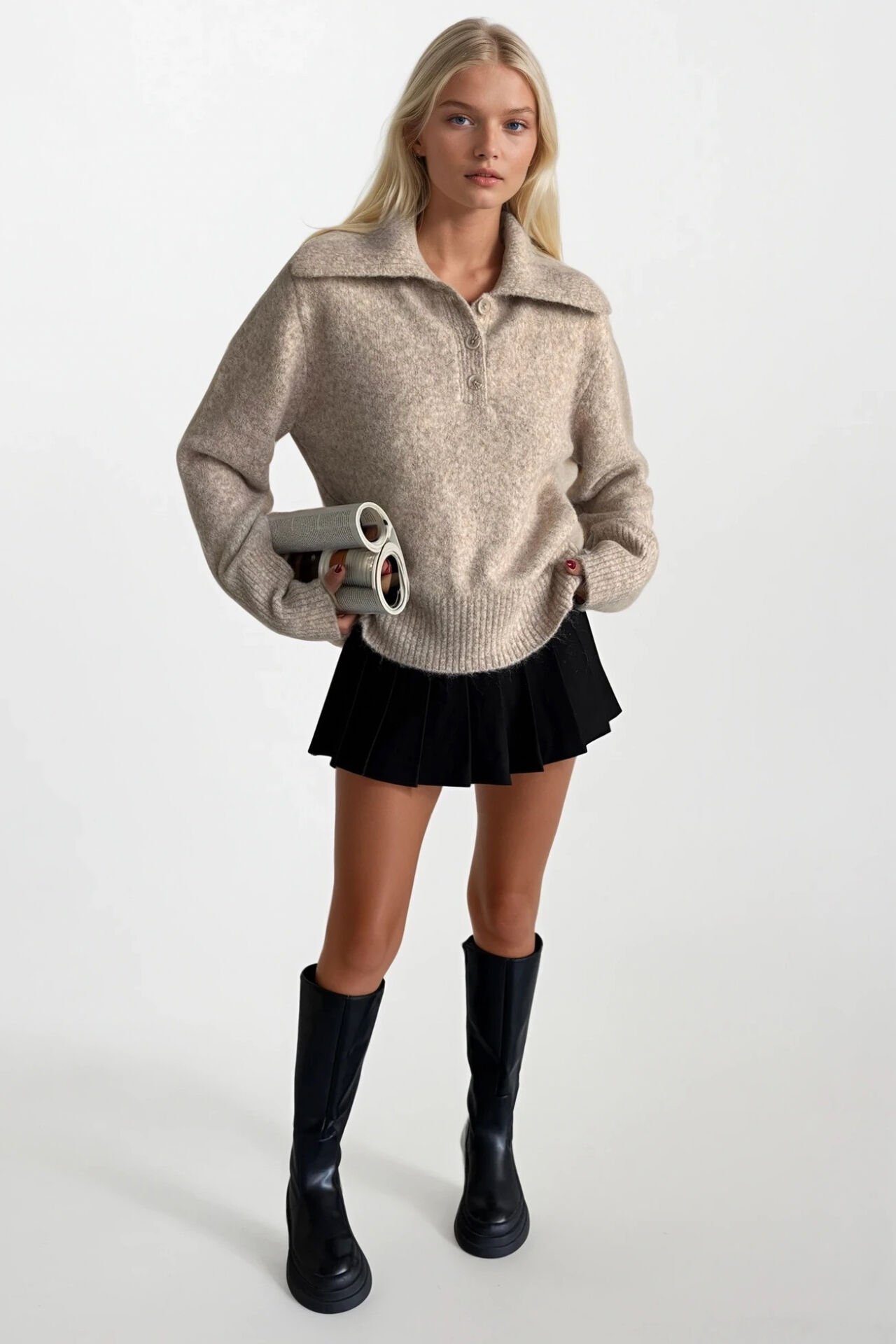 Toptan Polo Yaka Bej Düğmeli Triko Kazak