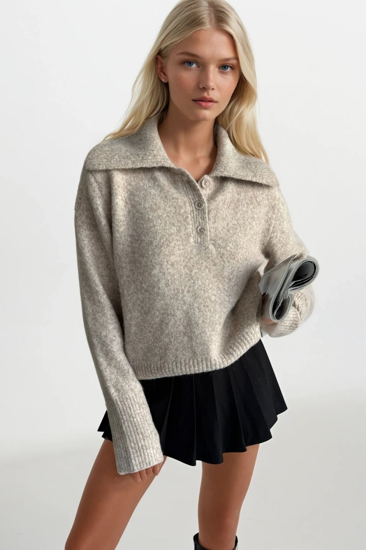 Toptan Polo Yaka Bej Düğmeli Triko Kazak