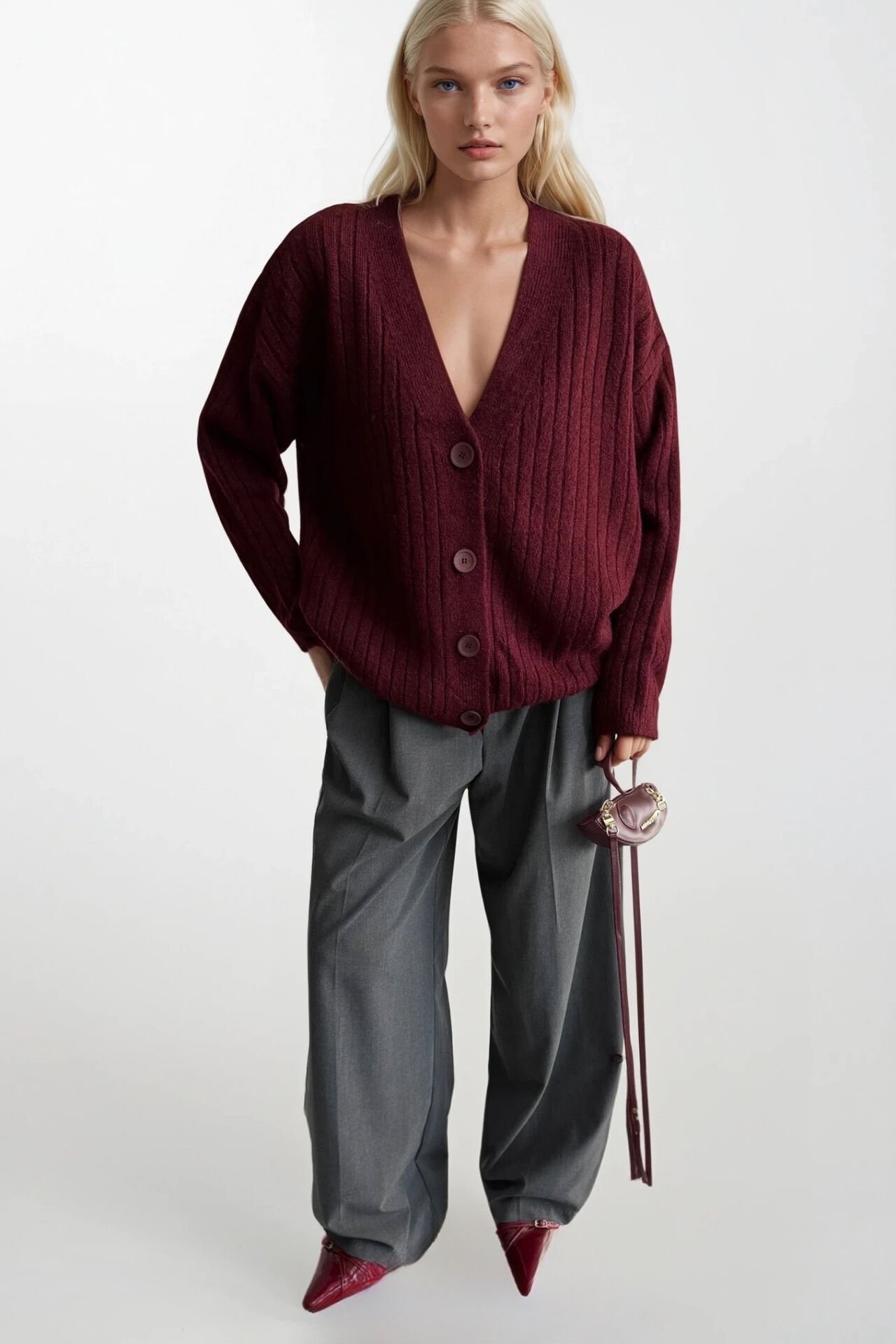 Toptan Düğmeli V Yaka Bordo Triko Hırka