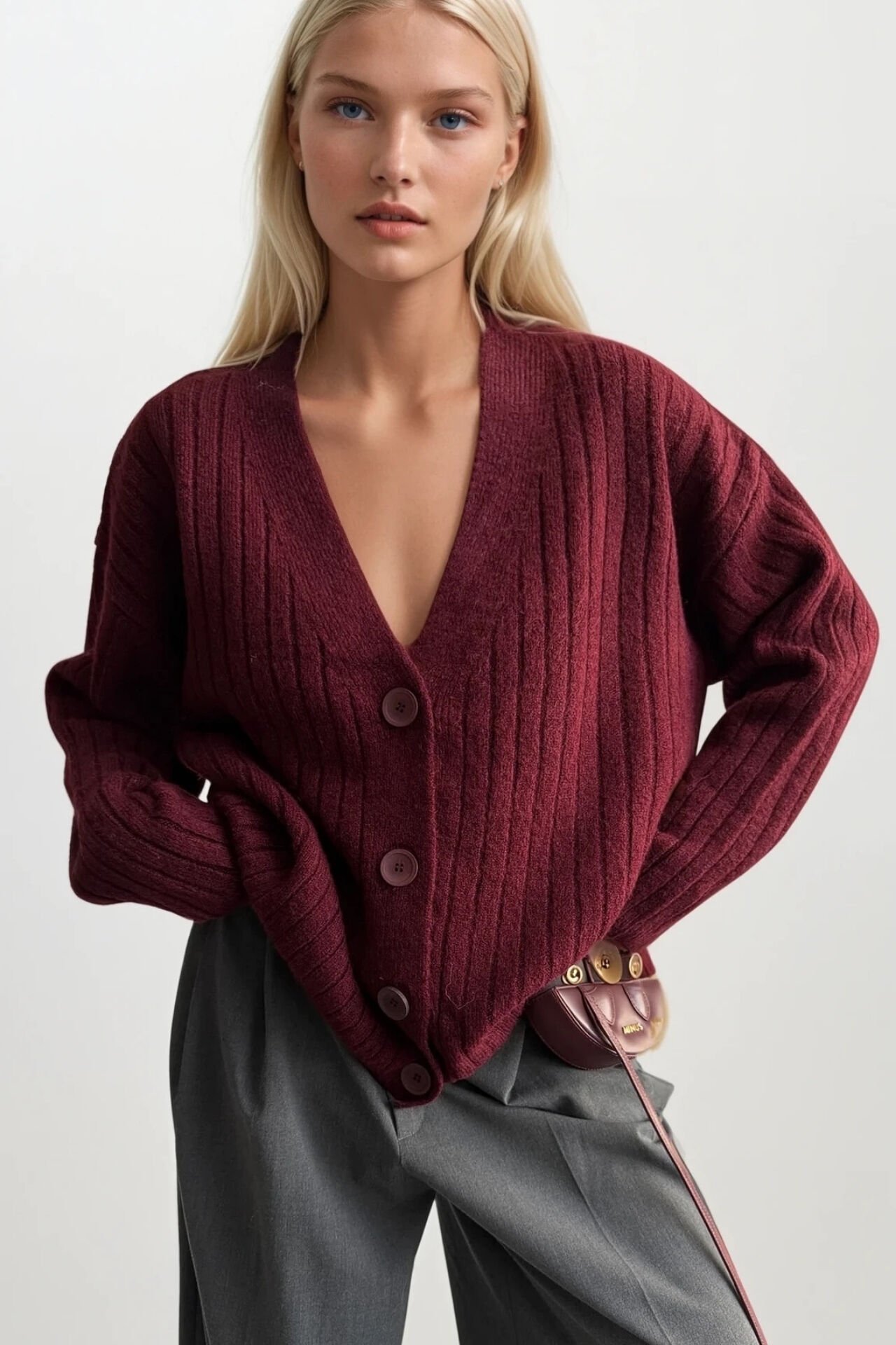 Toptan Düğmeli V Yaka Bordo Triko Hırka