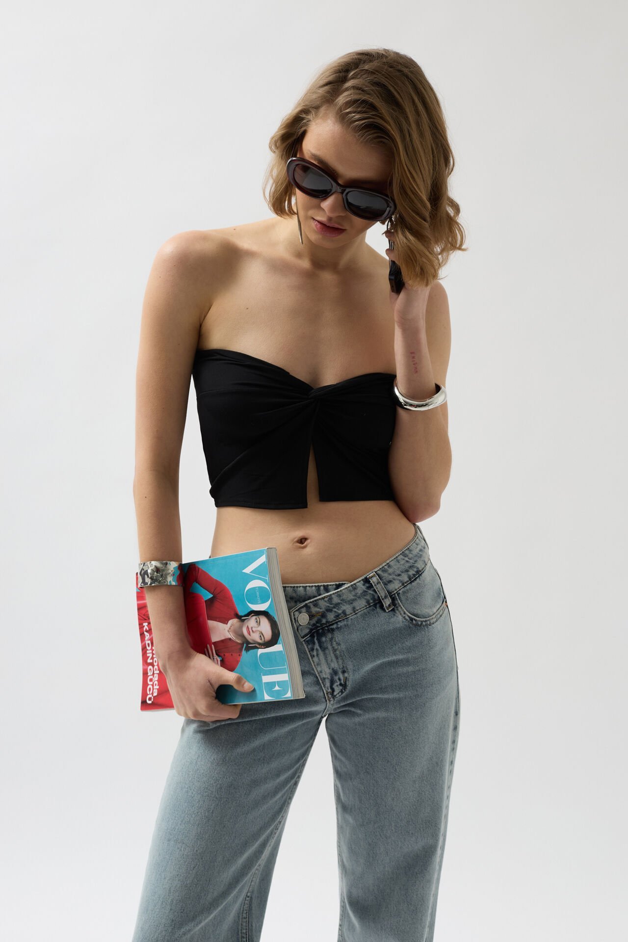 Wholesale Strapless Knot Detail Black Blouse