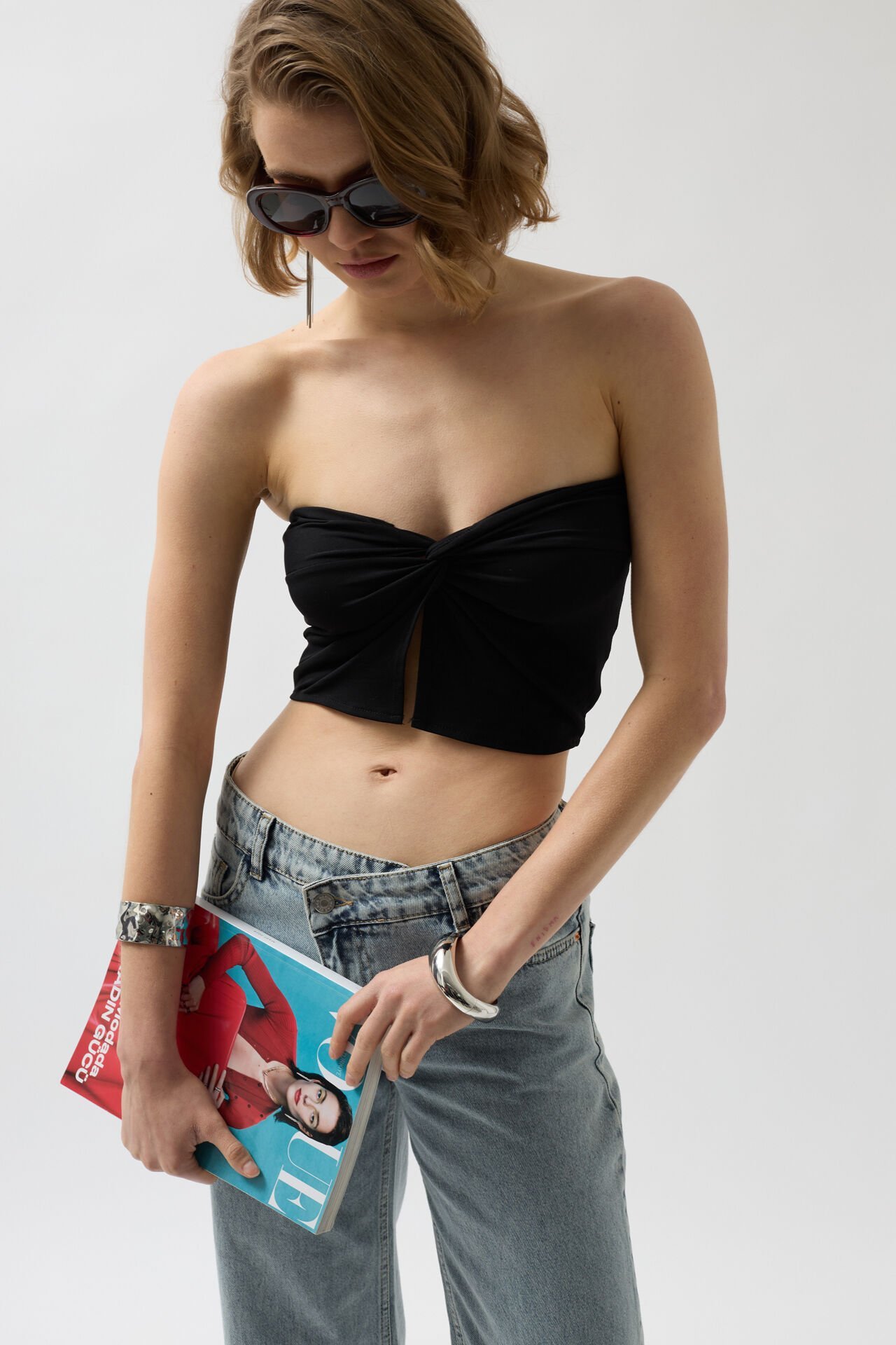 Wholesale Strapless Knot Detail Black Blouse