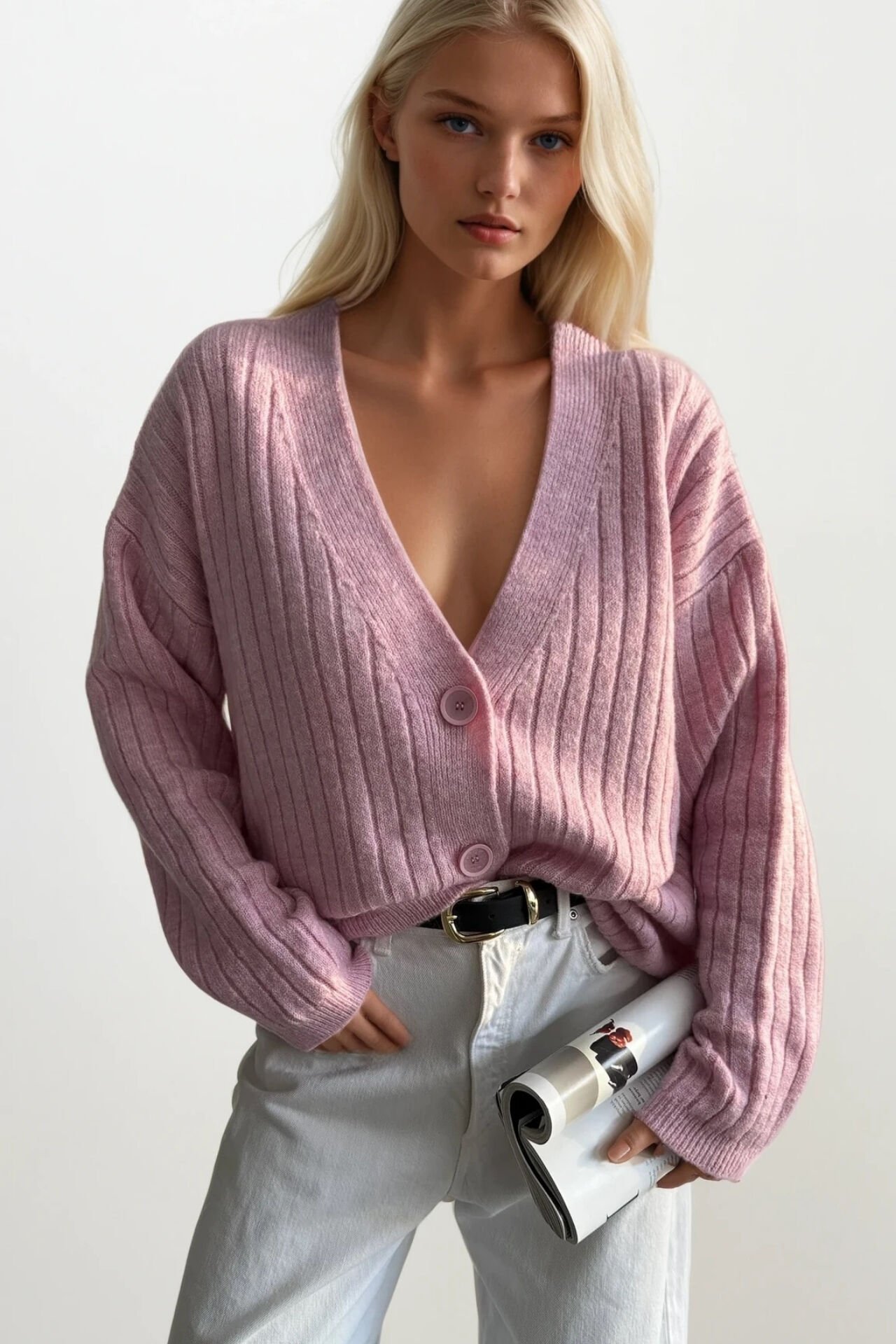 Toptan Düğmeli V Yaka Pembe Triko Hırka