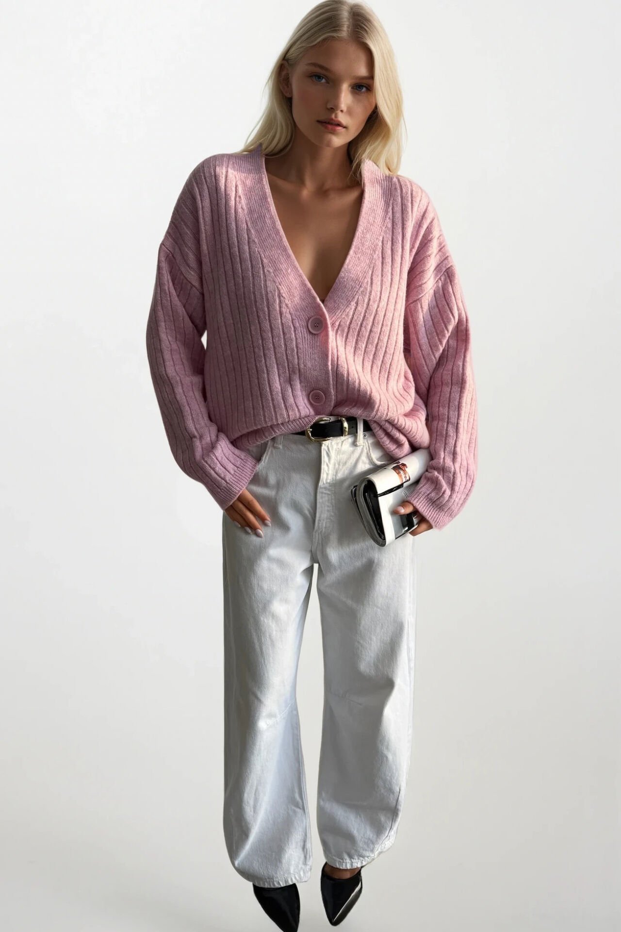 Toptan Düğmeli V Yaka Pembe Triko Hırka