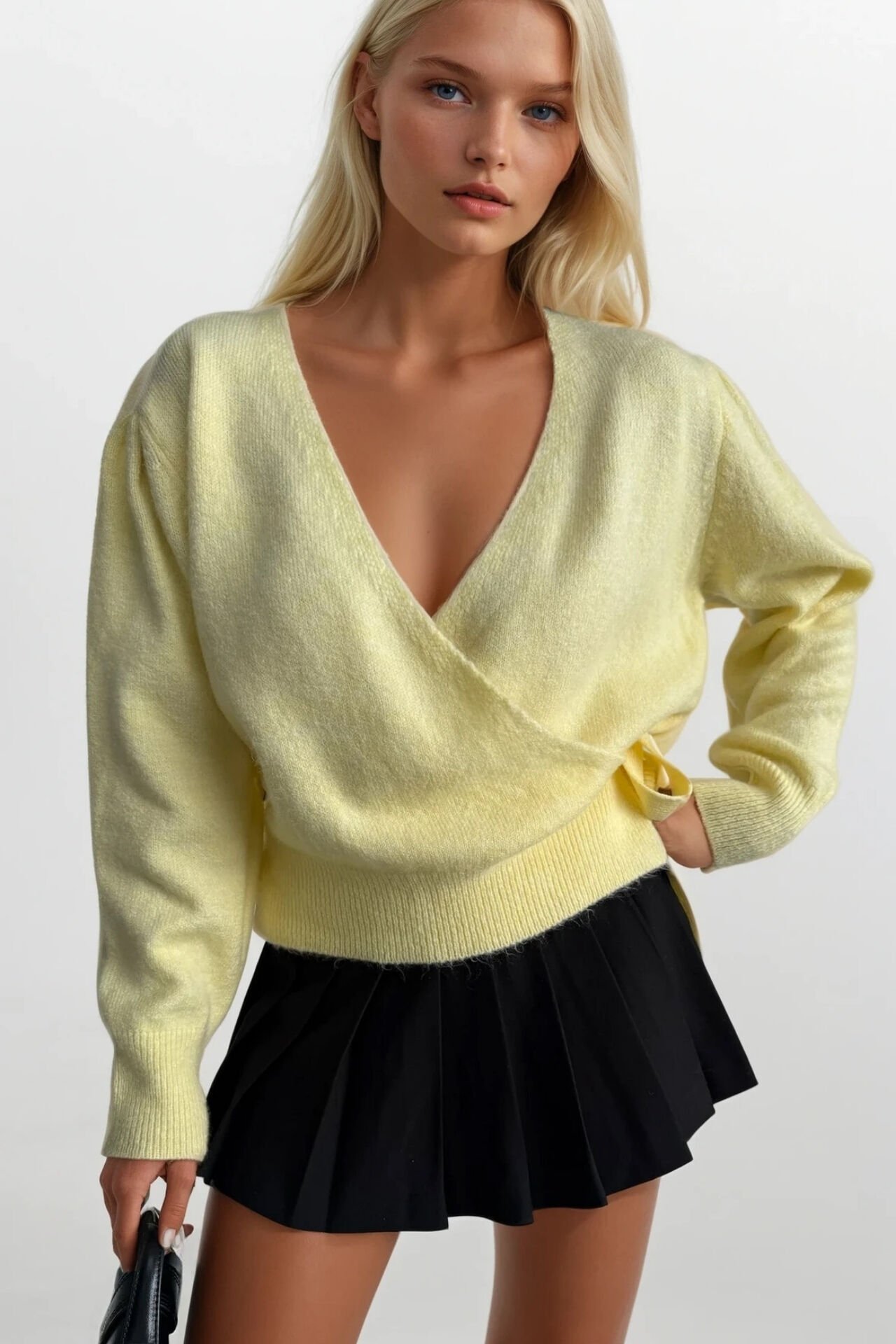 Toptan Kruvaze Bağlamalı Sarı Triko Hırka