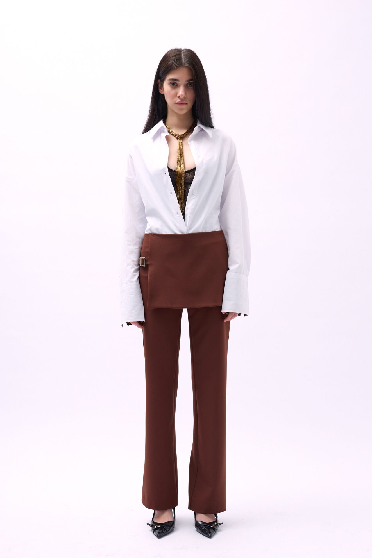 Wholesale Skirt Detail Belted Brown Trousers