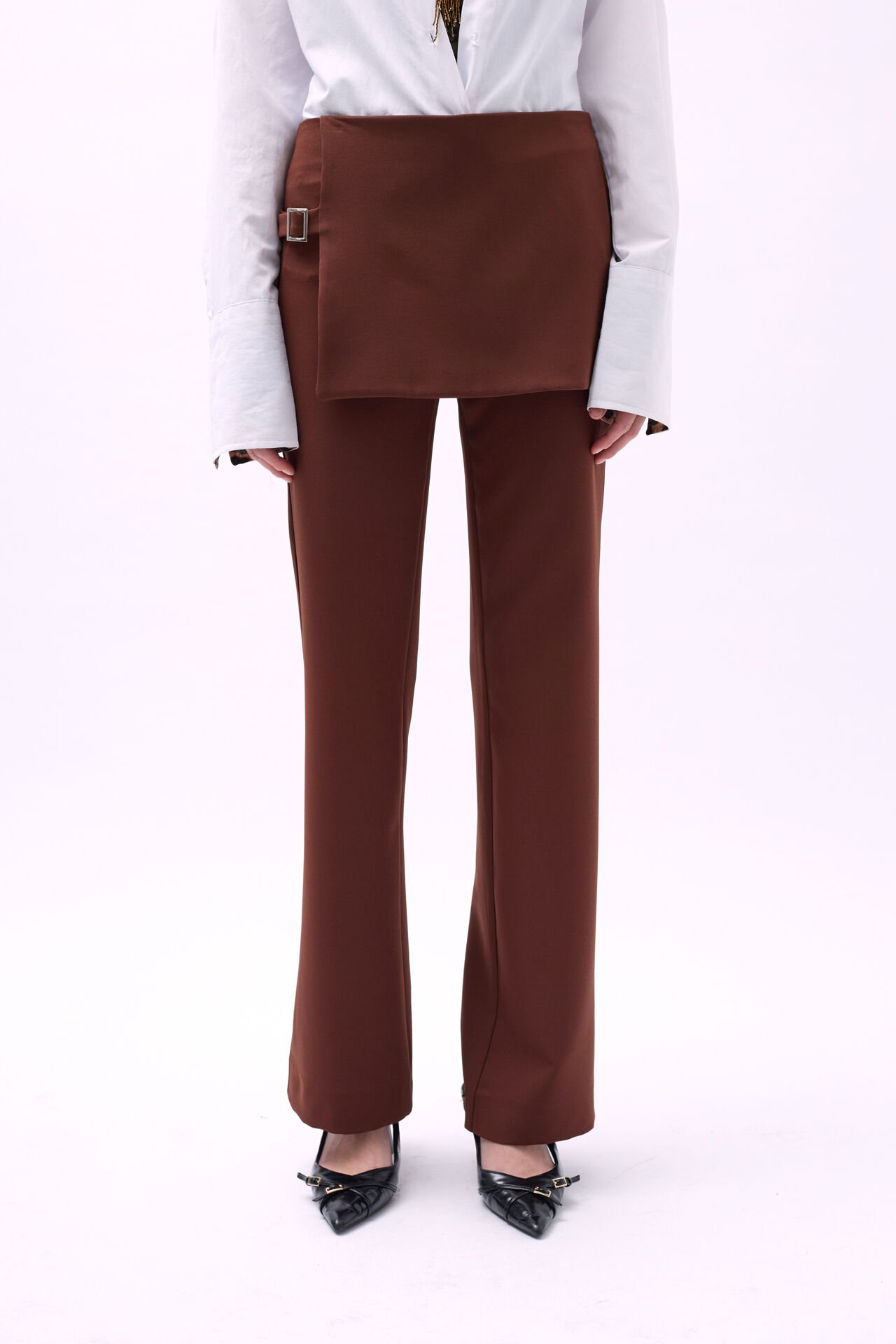 Wholesale Skirt Detail Belted Brown Trousers