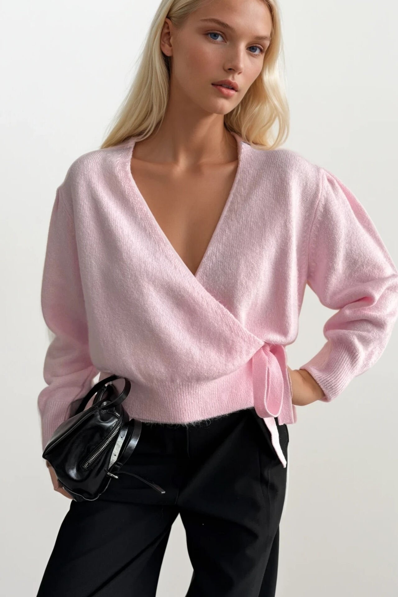 Toptan Kruvaze Bağlamalı Pembe Triko Hırka