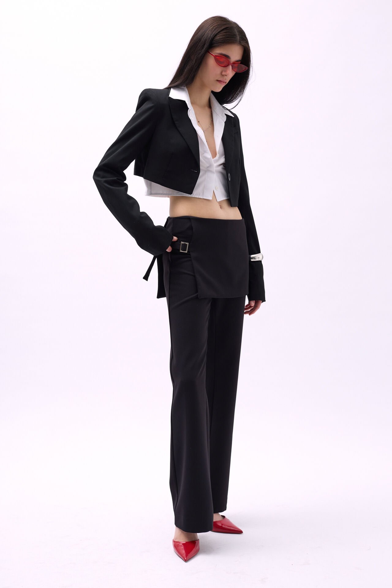 Wholesale Skirt Detail Belted Black Trousers