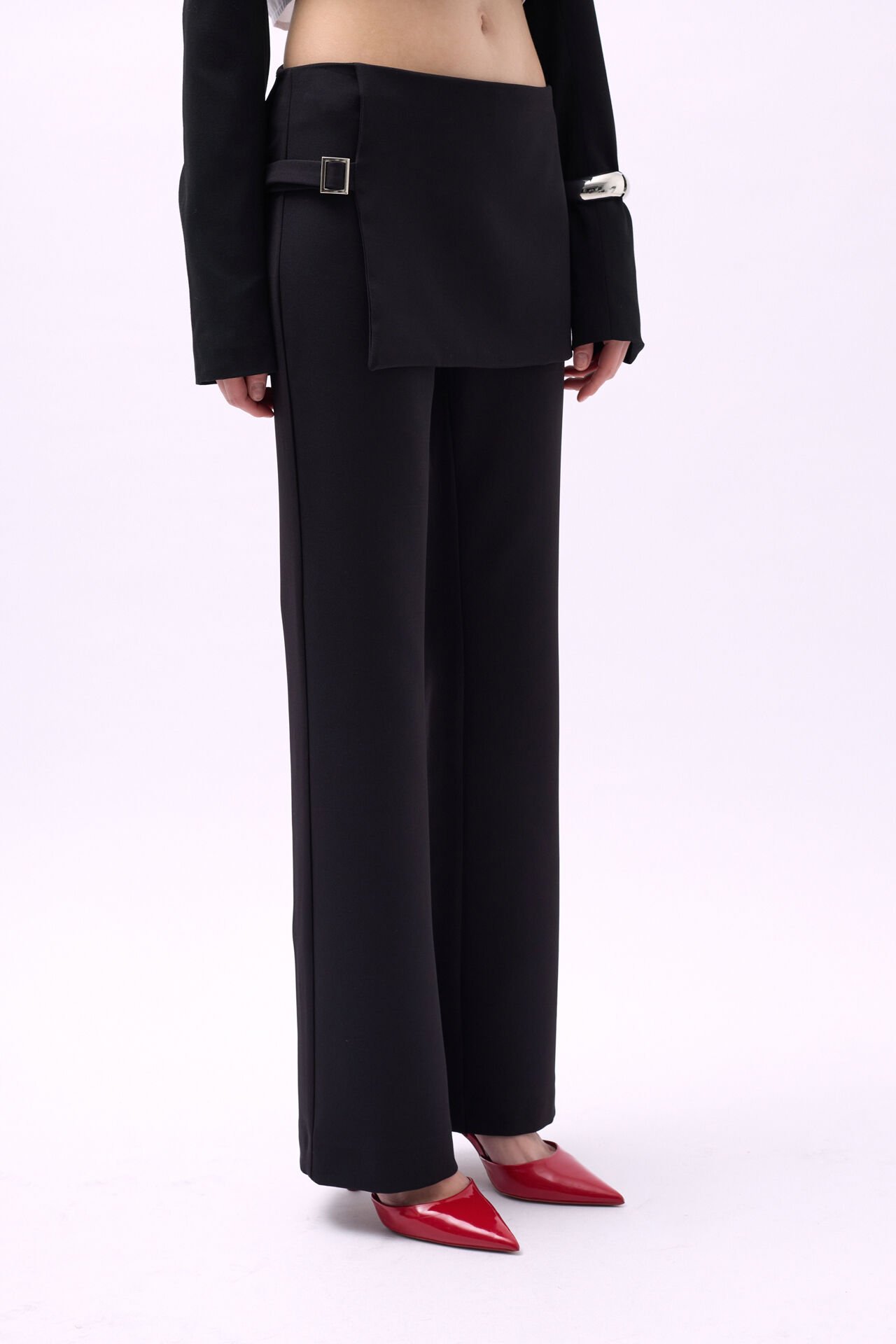 Wholesale Skirt Detail Belted Black Trousers