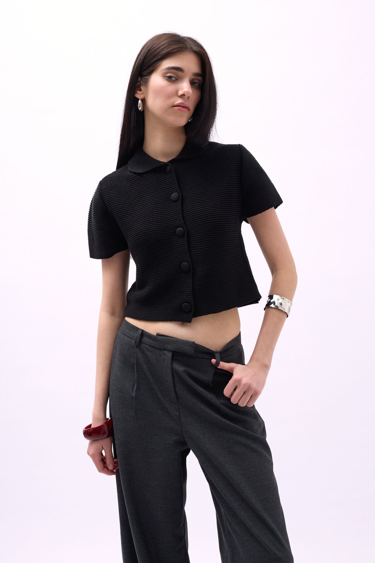 Toptan Bebe Yaka Düğmeli Siyah Bluz