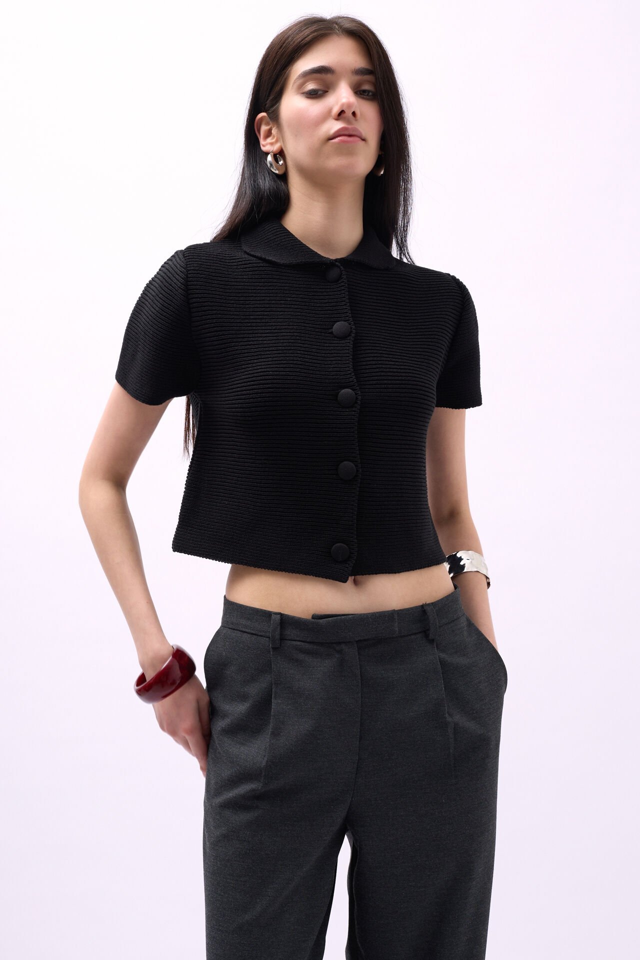 Wholesale Baby Collar Buttoned Black Blouse