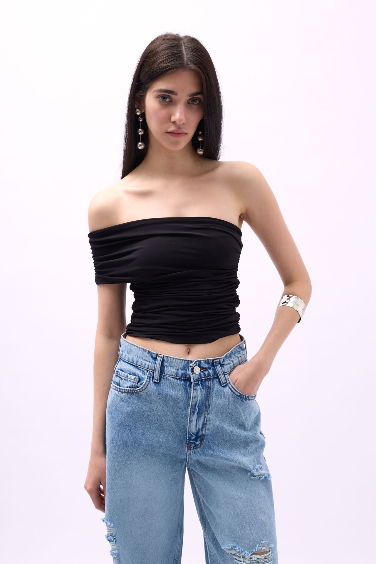 Wholesale One Shoulder Pleated Black Blouse