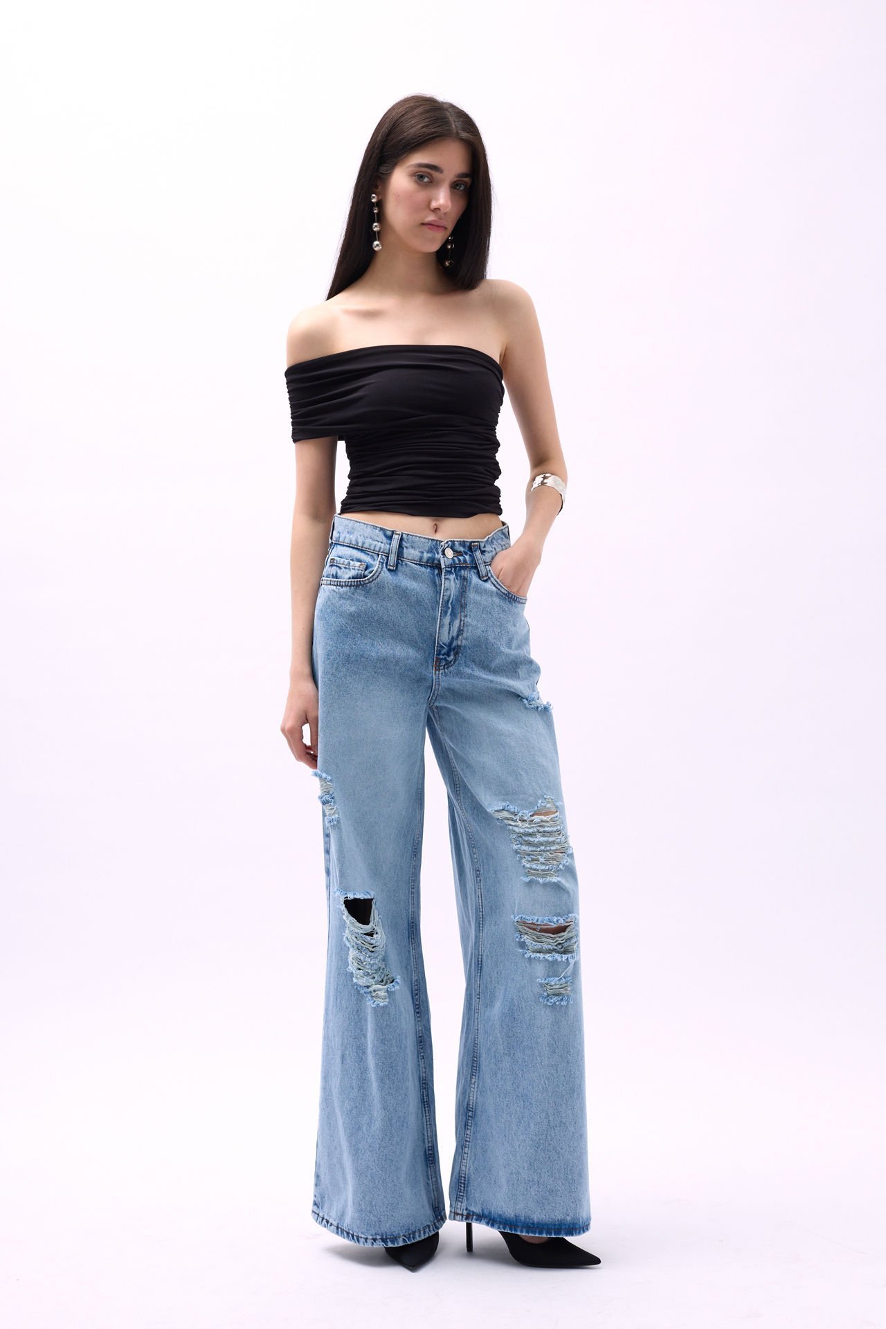 Wholesale One Shoulder Pleated Black Blouse
