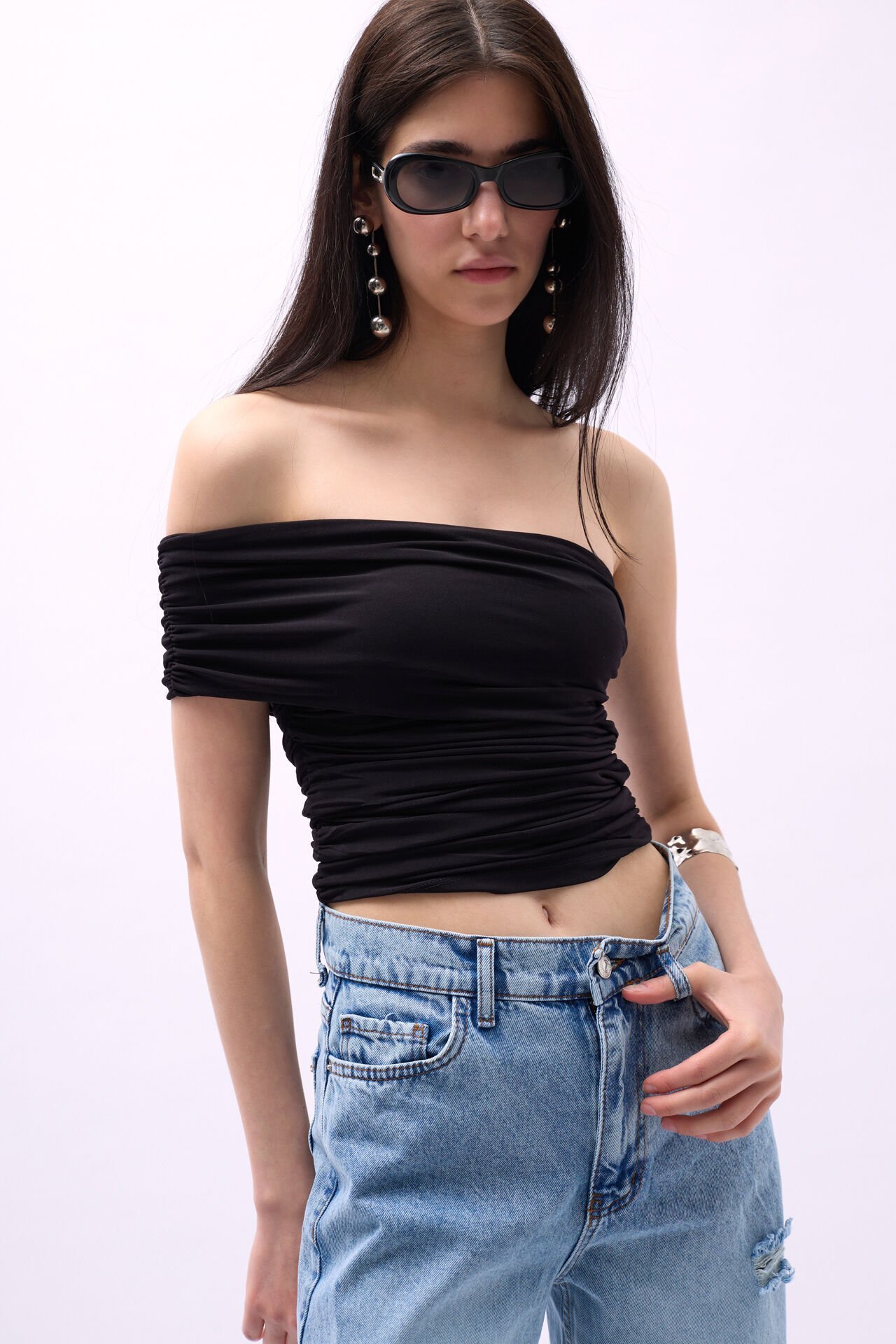 Wholesale One Shoulder Pleated Black Blouse