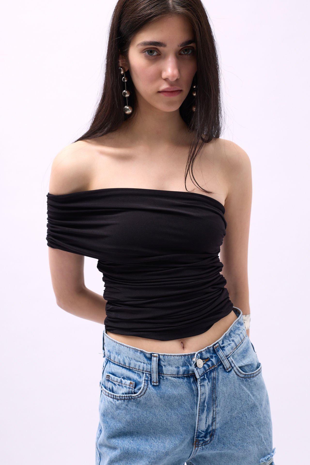 Toptan Tek Omuz Büzgülü Siyah Bluz