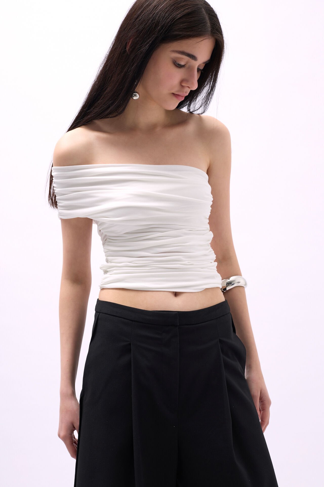 Wholesale One Shoulder Gathered White Blouse