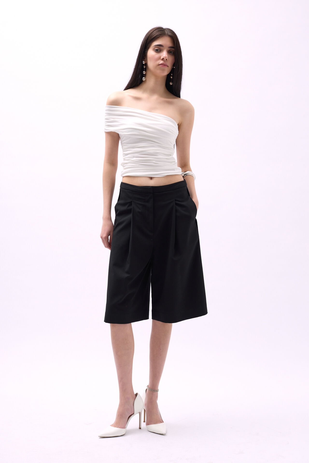Wholesale One Shoulder Gathered White Blouse