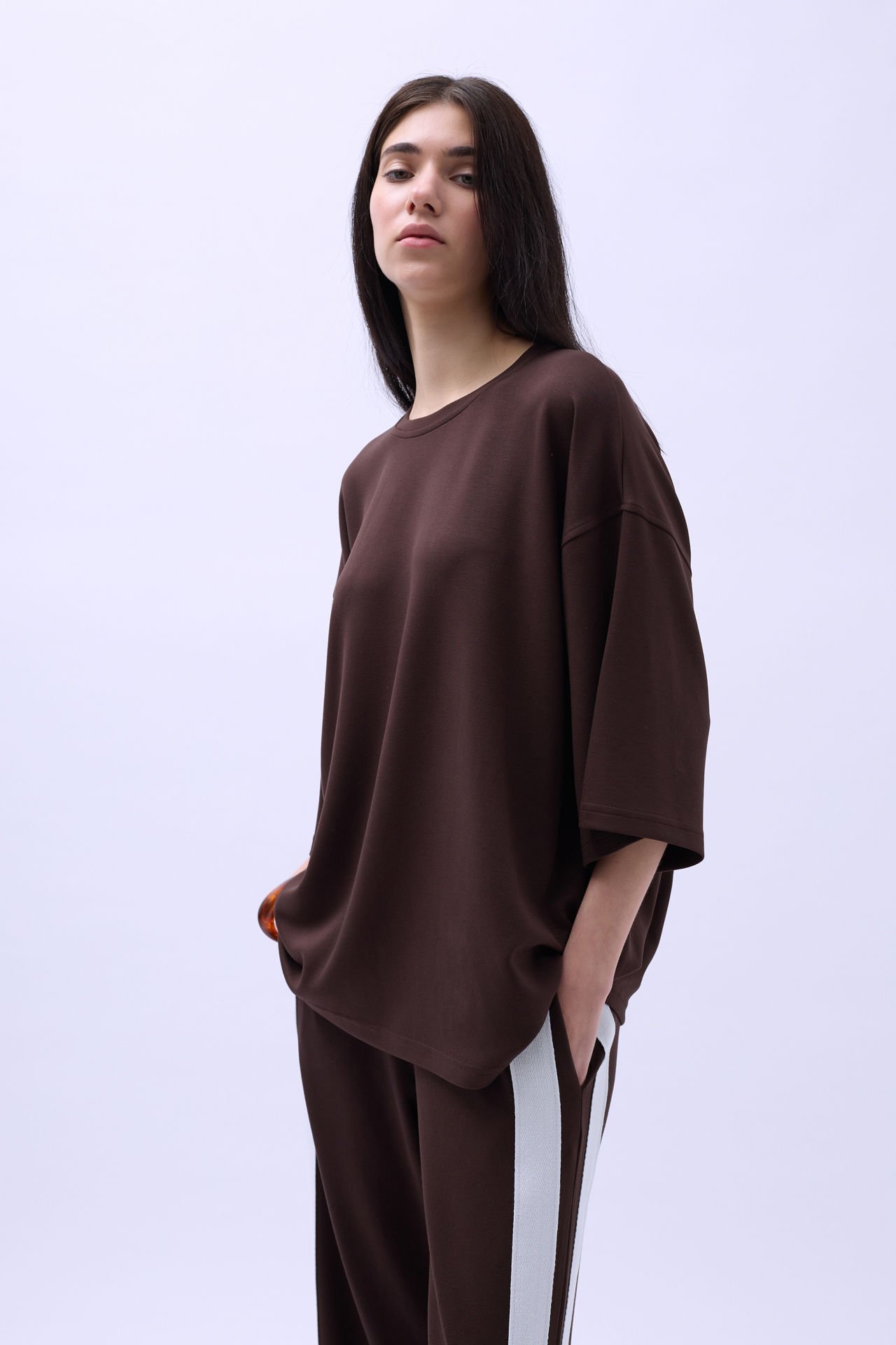 Toptan Bisiklet Yaka Oversize Kahverengi T-Shirt