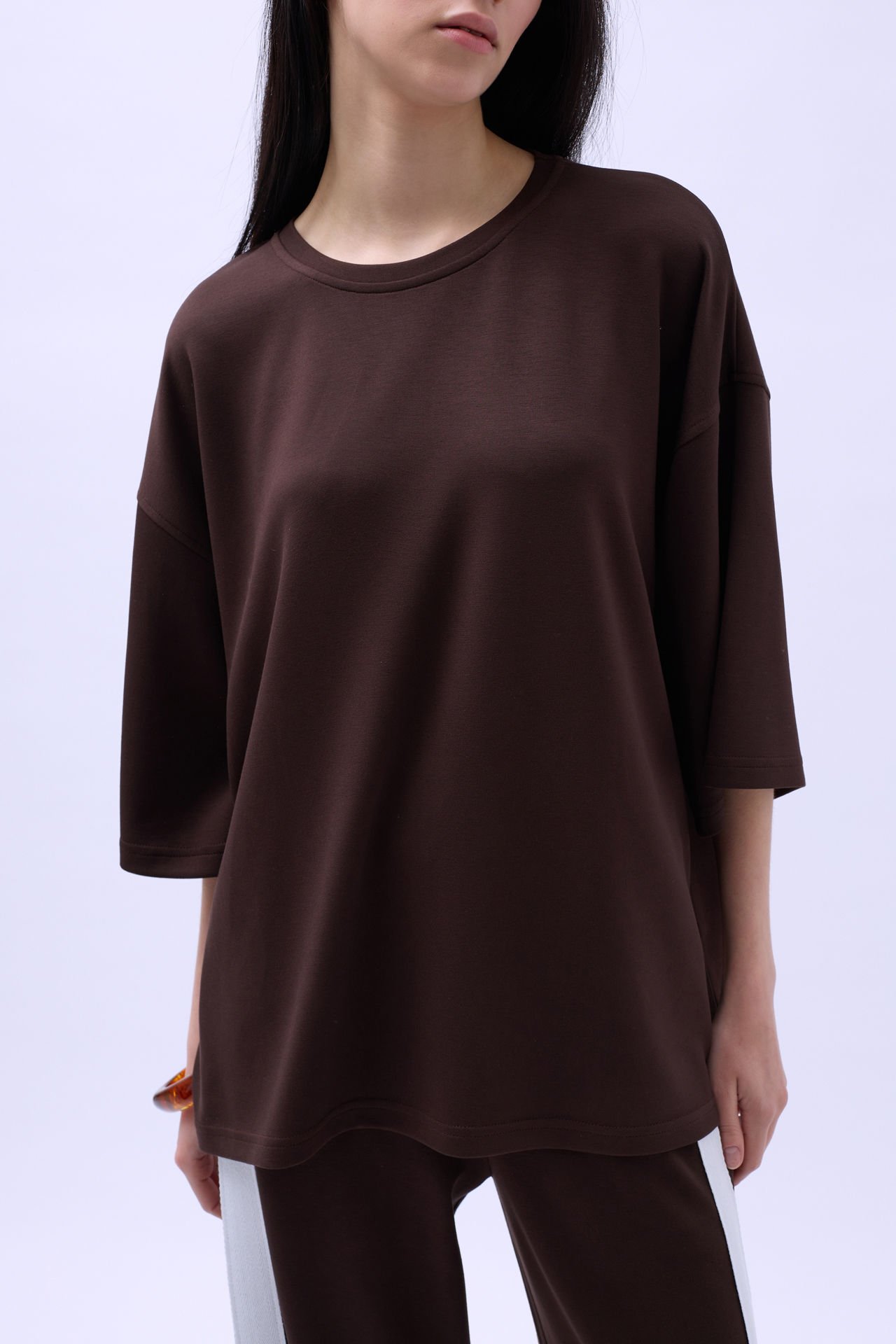 Toptan Bisiklet Yaka Oversize Kahverengi T-Shirt