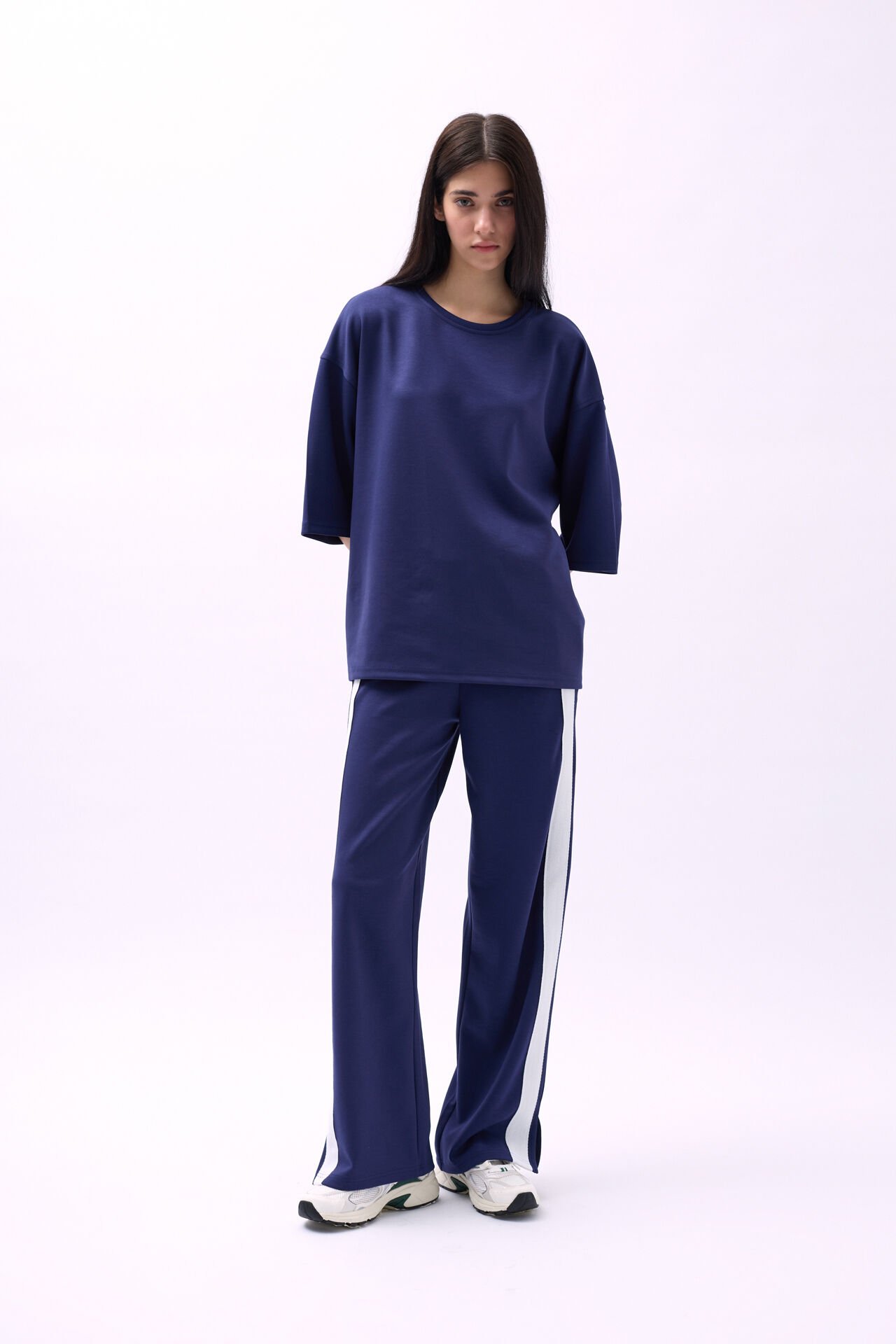 Toptan Bisiklet Yaka Oversize Lacivert T-Shirt