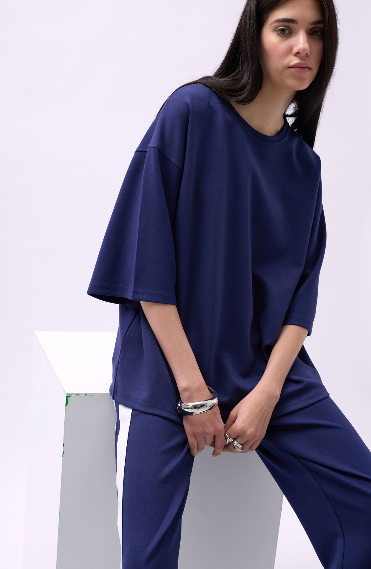 Toptan Bisiklet Yaka Oversize Lacivert T-Shirt