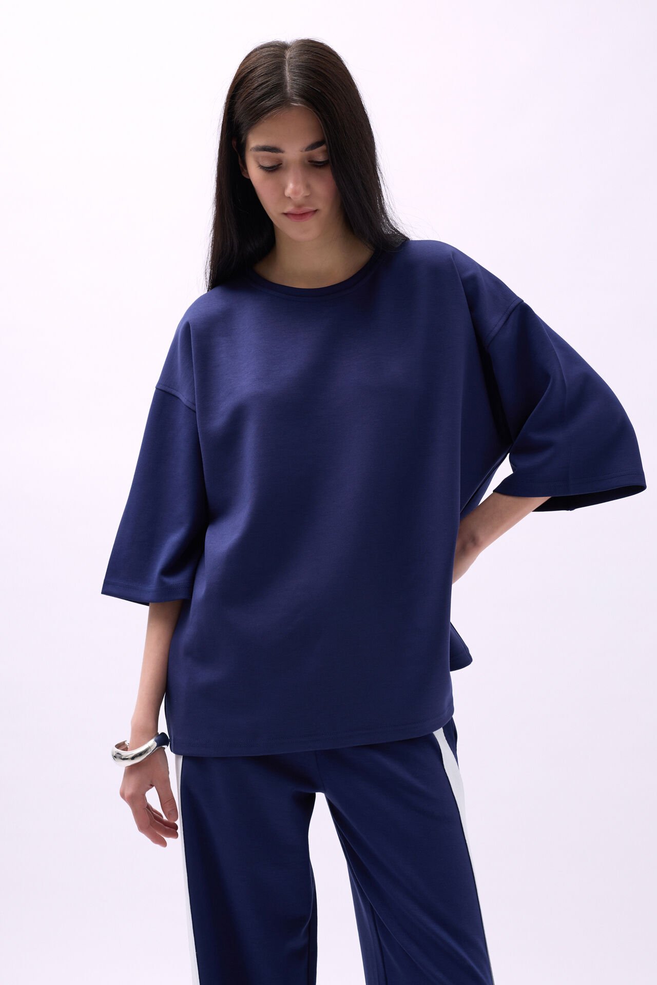Toptan Bisiklet Yaka Oversize Lacivert T-Shirt