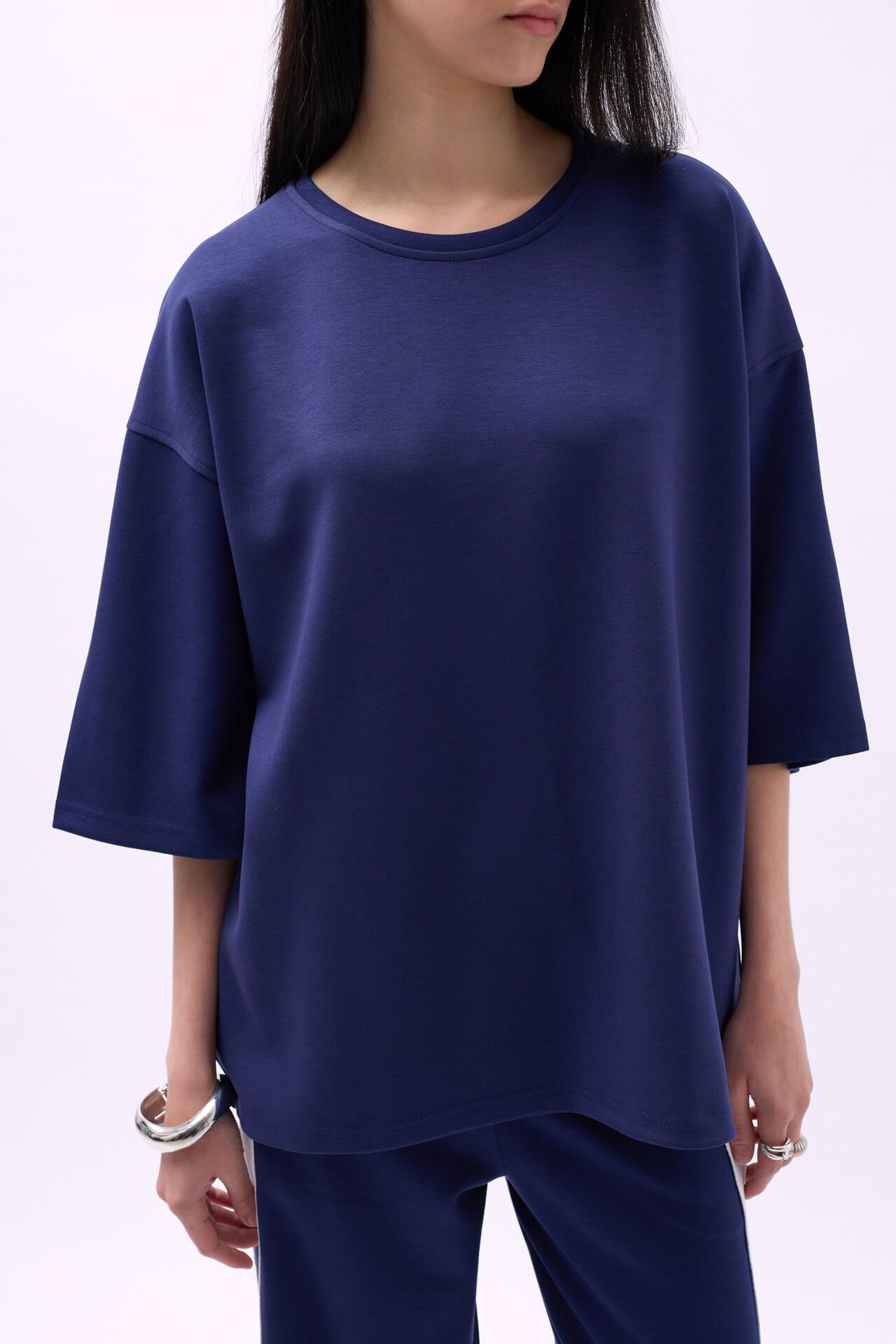 Toptan Bisiklet Yaka Oversize Lacivert T-Shirt