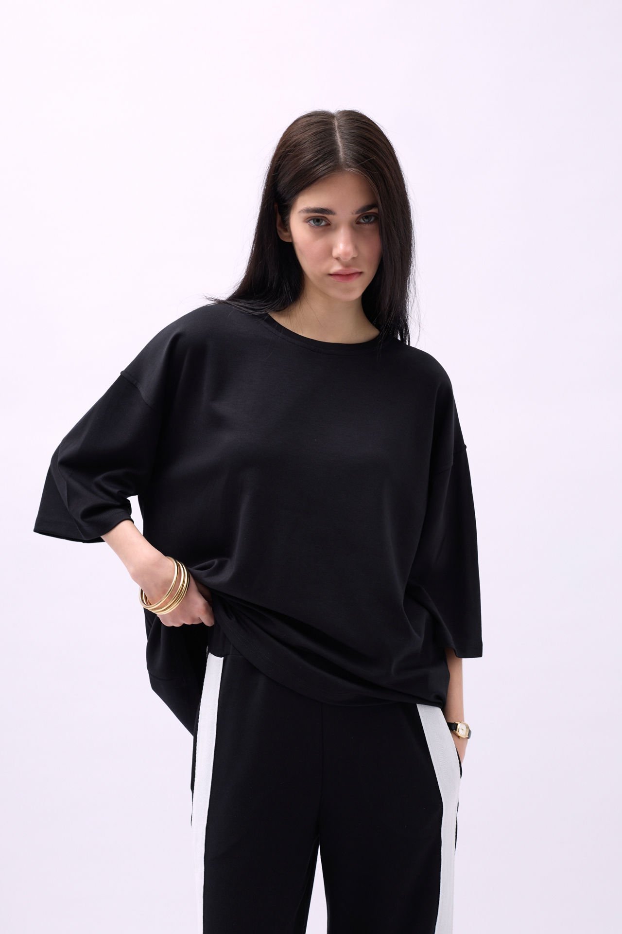 Toptan Bisiklet Yaka Oversize Siyah T-Shirt