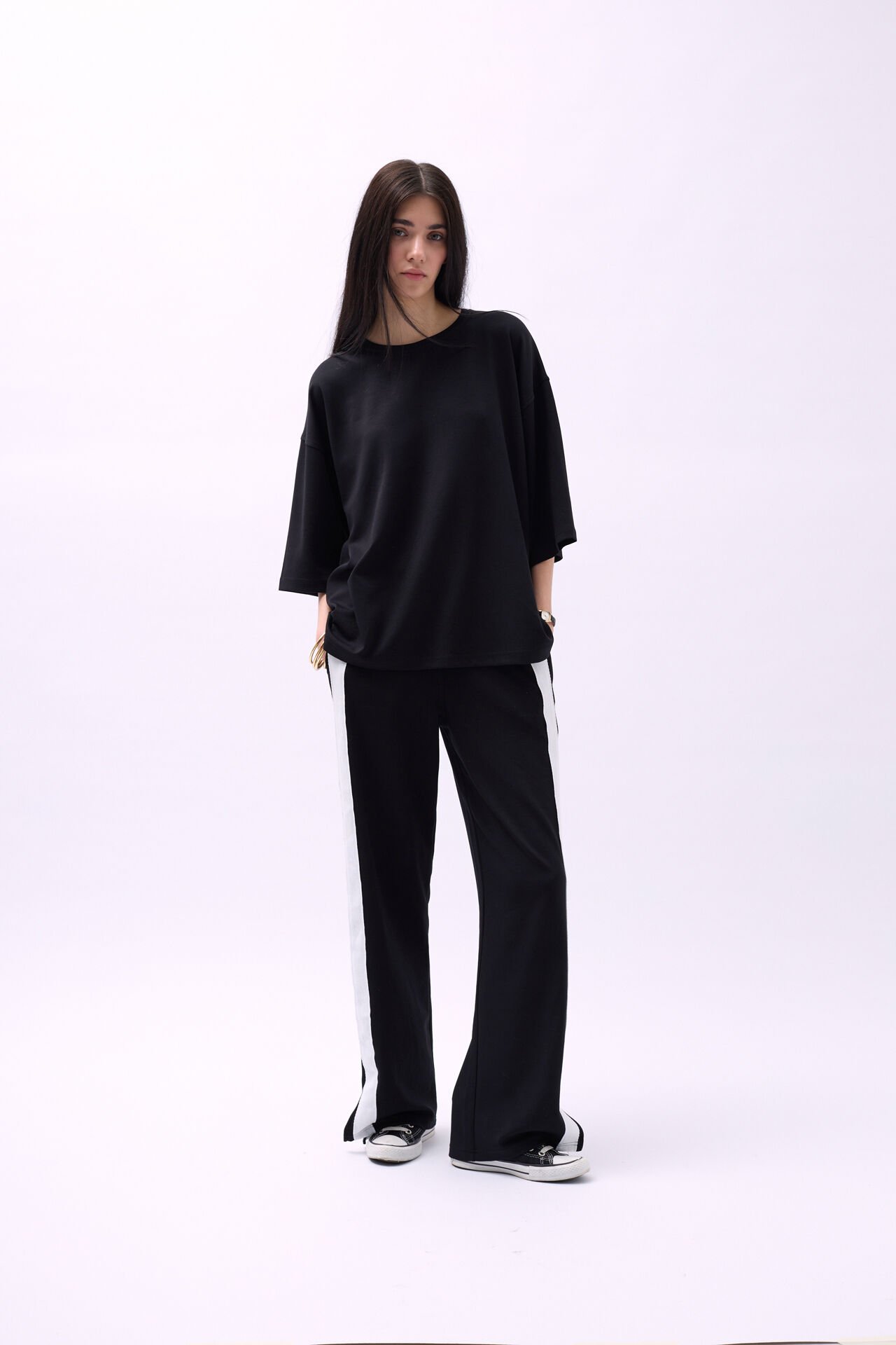 Toptan Bisiklet Yaka Oversize Siyah T-Shirt