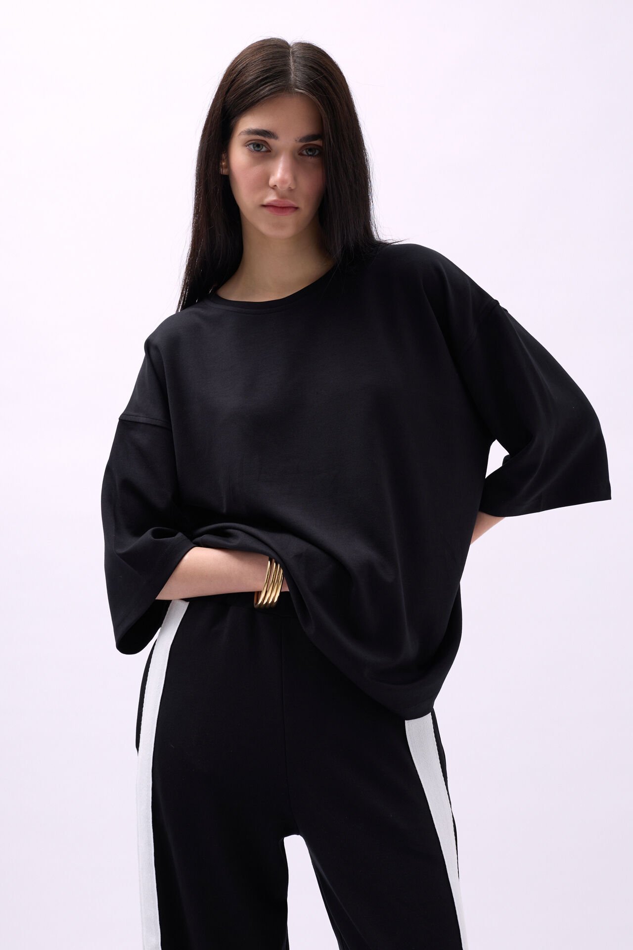 Toptan Bisiklet Yaka Oversize Siyah T-Shirt