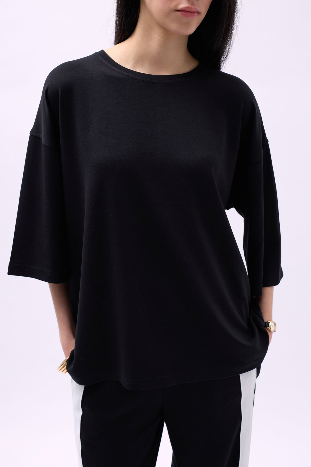 Toptan Bisiklet Yaka Oversize Siyah T-Shirt