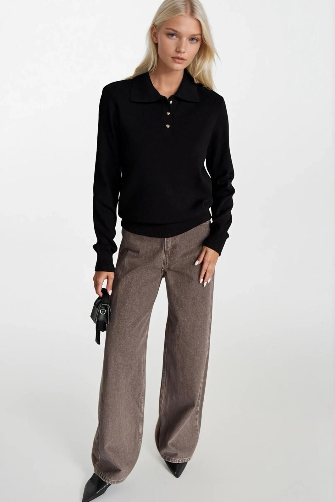 Toptan Polo Yaka Gold Düğmeli Siyah Triko Bluz