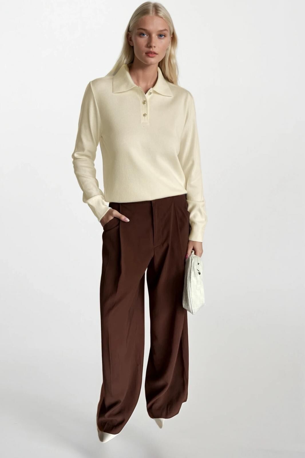 Toptan Polo Yaka Gold Düğmeli Ekru Triko Bluz