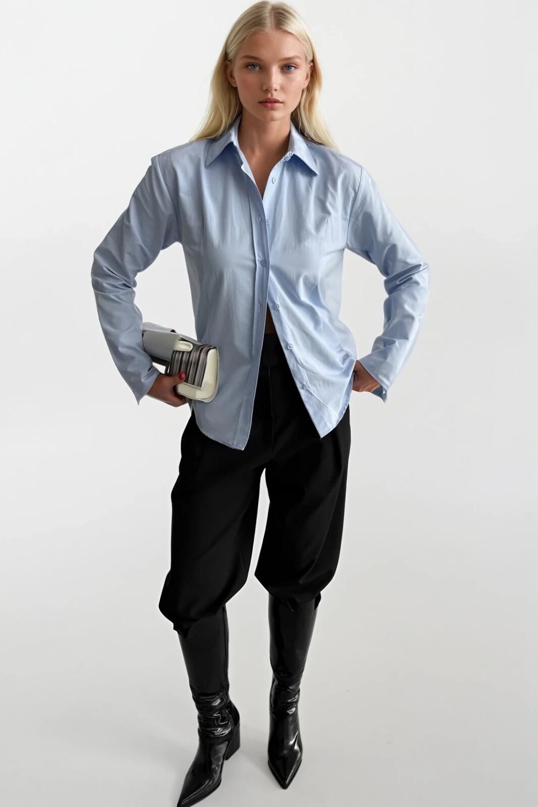 Toptan Bel Oturtmalı Mavi Basic Gömlek