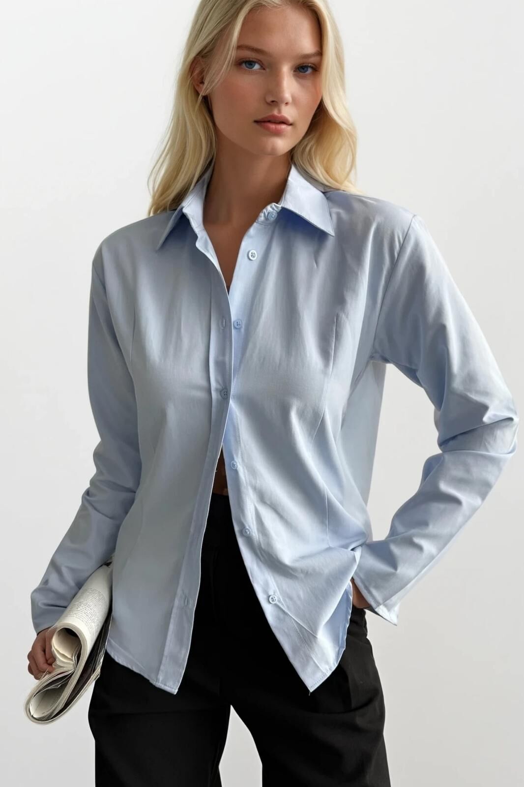 Toptan Bel Oturtmalı Mavi Basic Gömlek