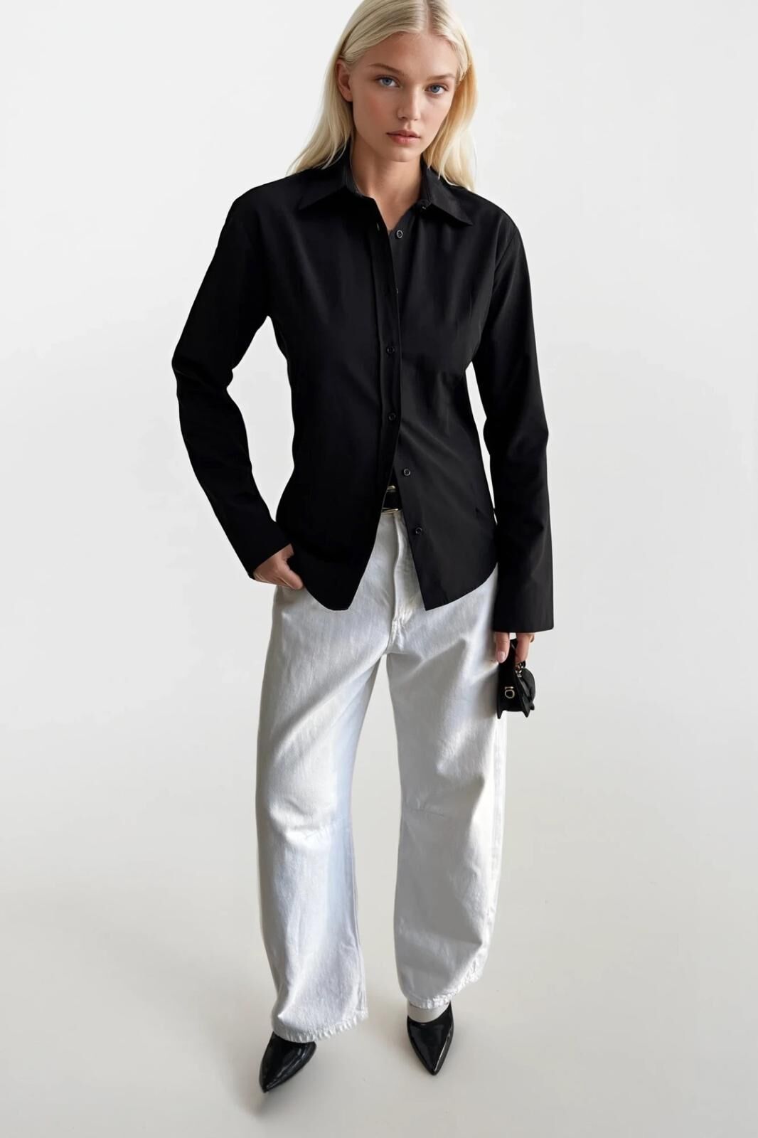 Toptan Bel Oturtmalı Siyah Basic Gömlek