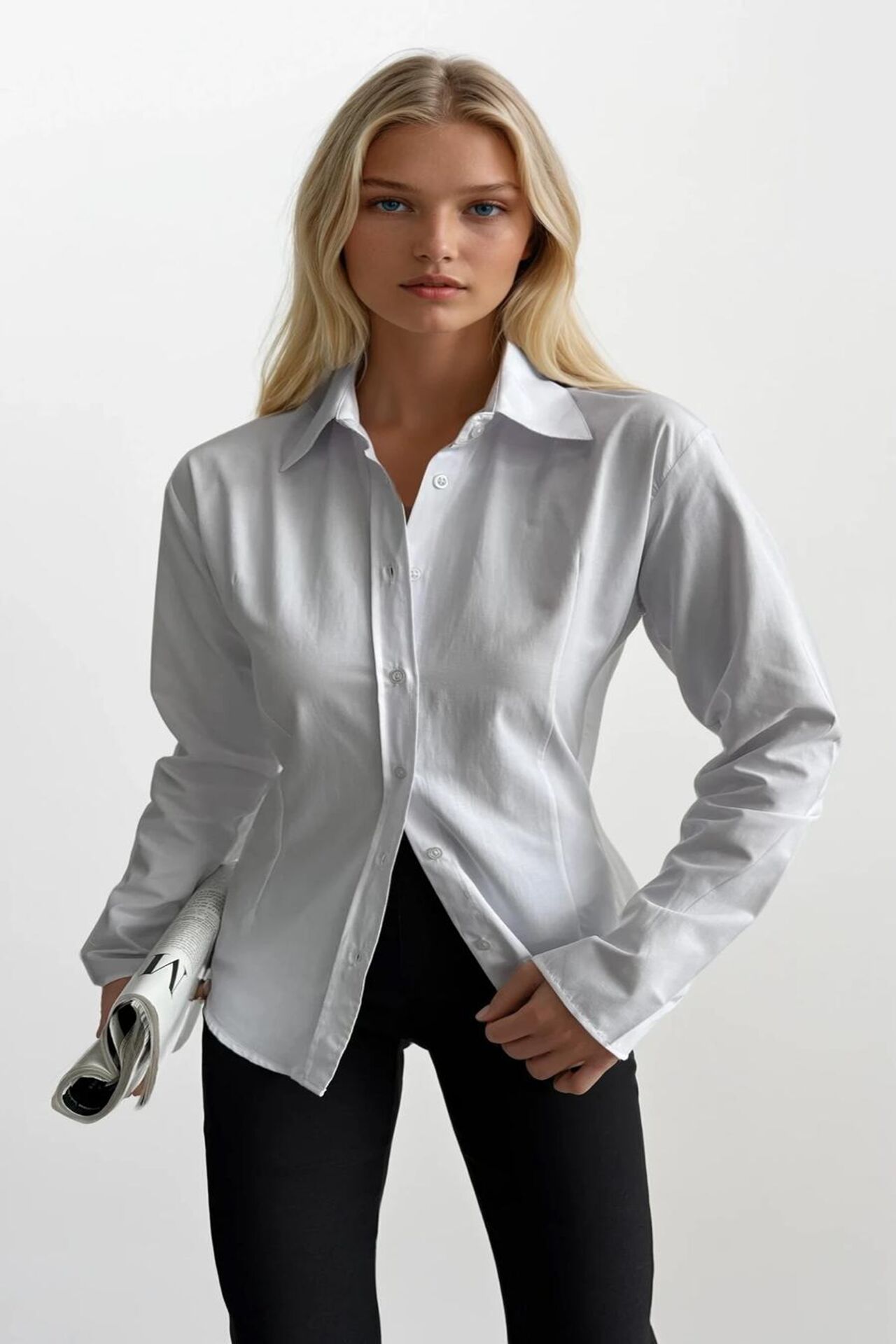 Toptan Bel Oturtmalı Ekru Basic Gömlek