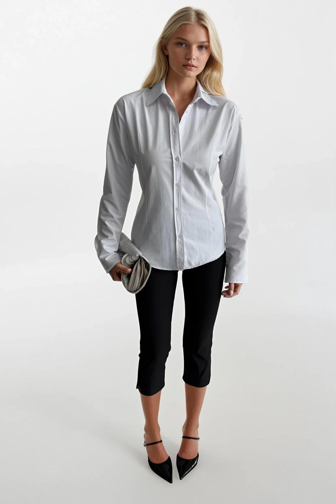 Toptan Bel Oturtmalı Ekru Basic Gömlek