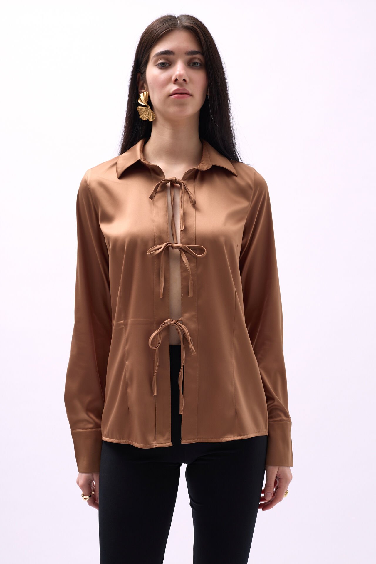 Wholesale Tie Detail Satin Dark Beige Shirt