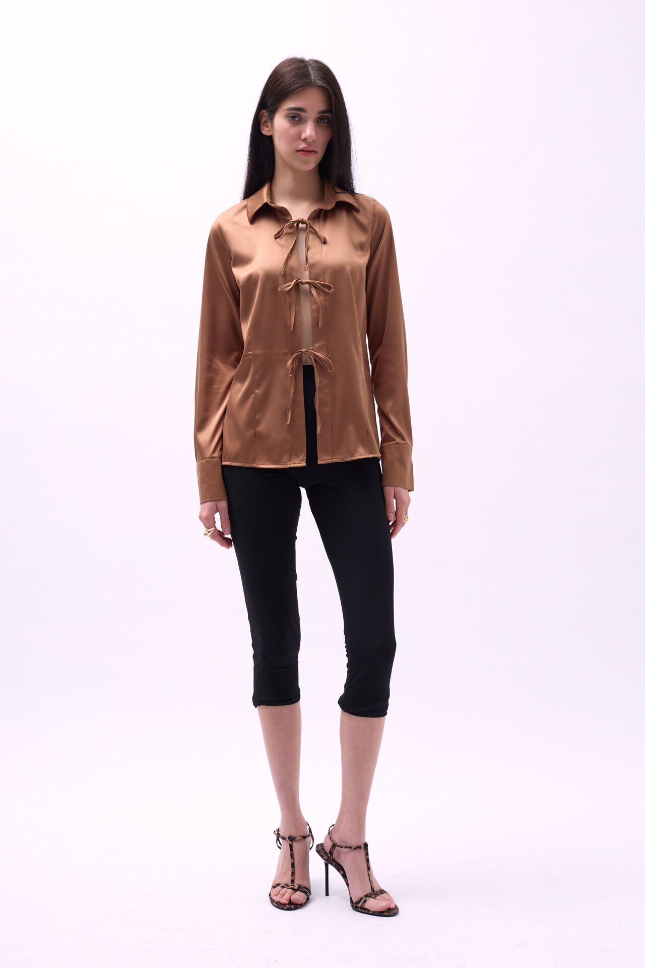 Wholesale Tie Detail Satin Dark Beige Shirt