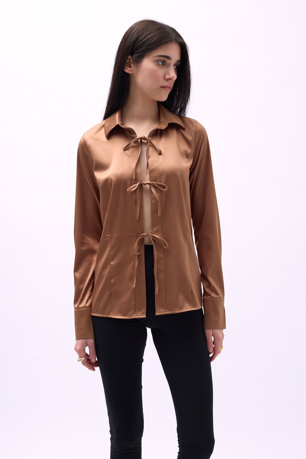 Wholesale Tie Detail Satin Dark Beige Shirt