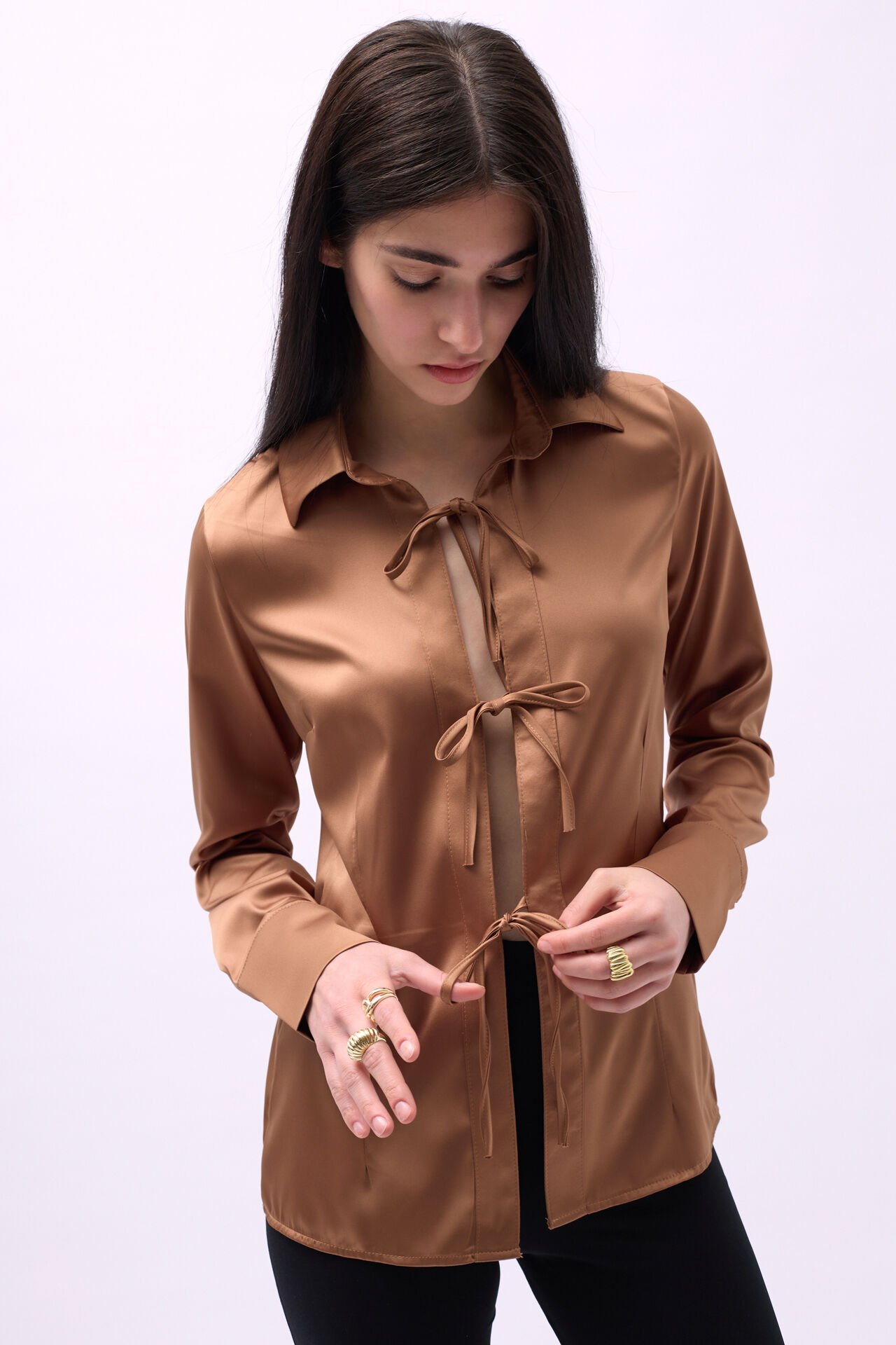 Wholesale Tie Detail Satin Dark Beige Shirt