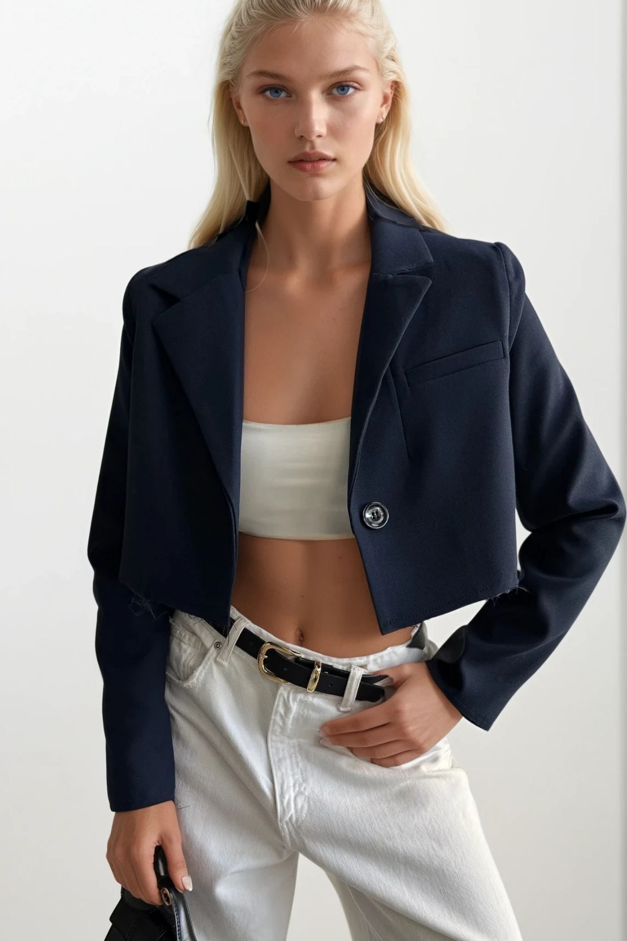 Toptan Crop Basic Lacivert Blazer Ceket