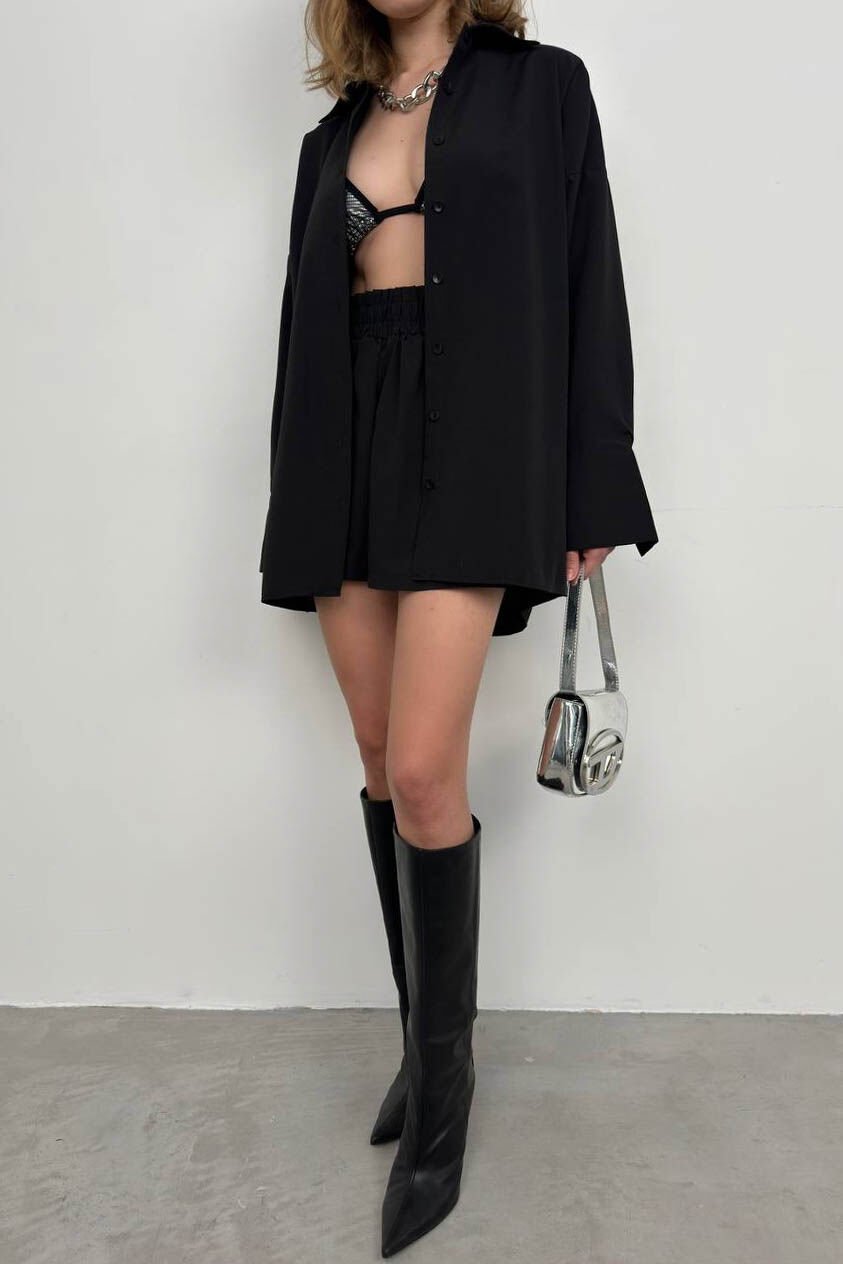 Oversize Shirt Drawstring Shorts Set