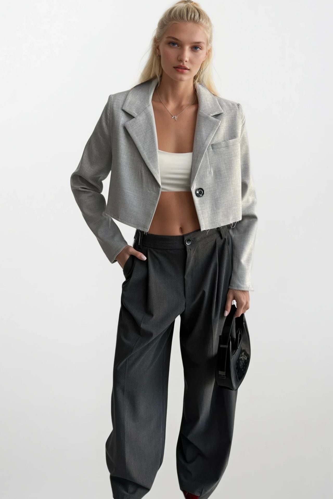 Toptan Crop Basic Gri Blazer Ceket