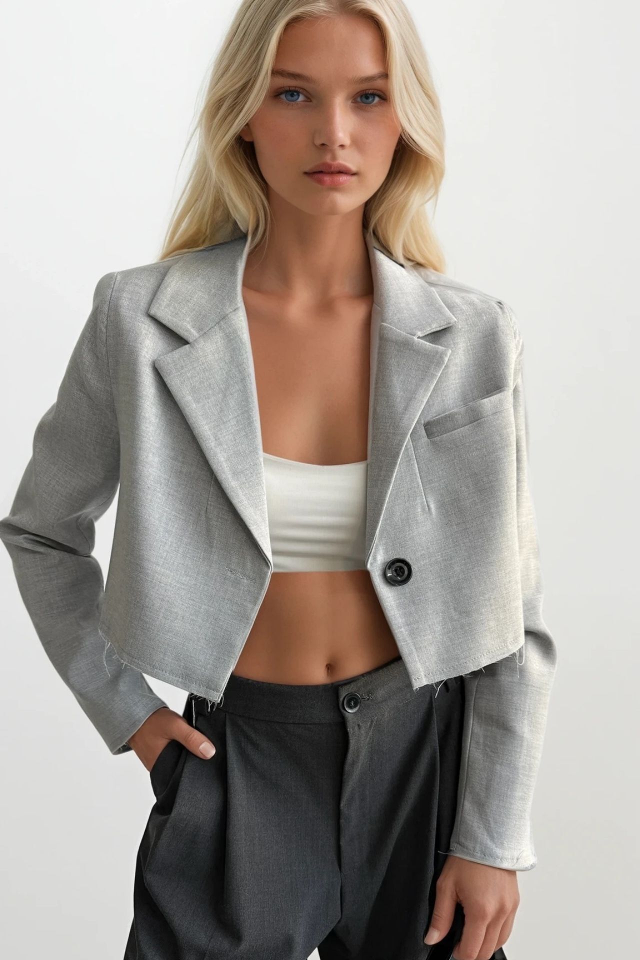 Toptan Crop Basic Gri Blazer Ceket