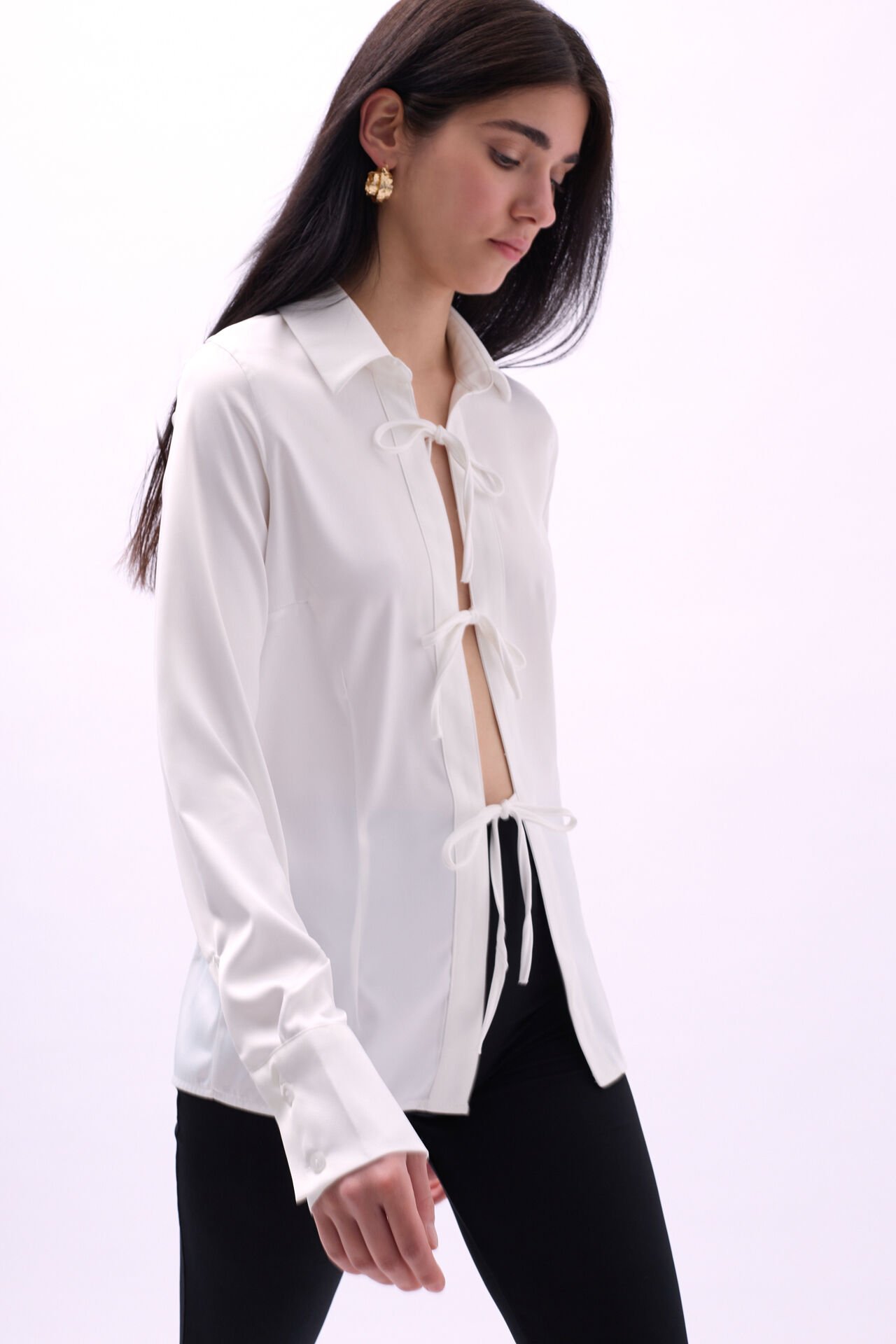 Wholesale Tie Detail Satin White Shirt