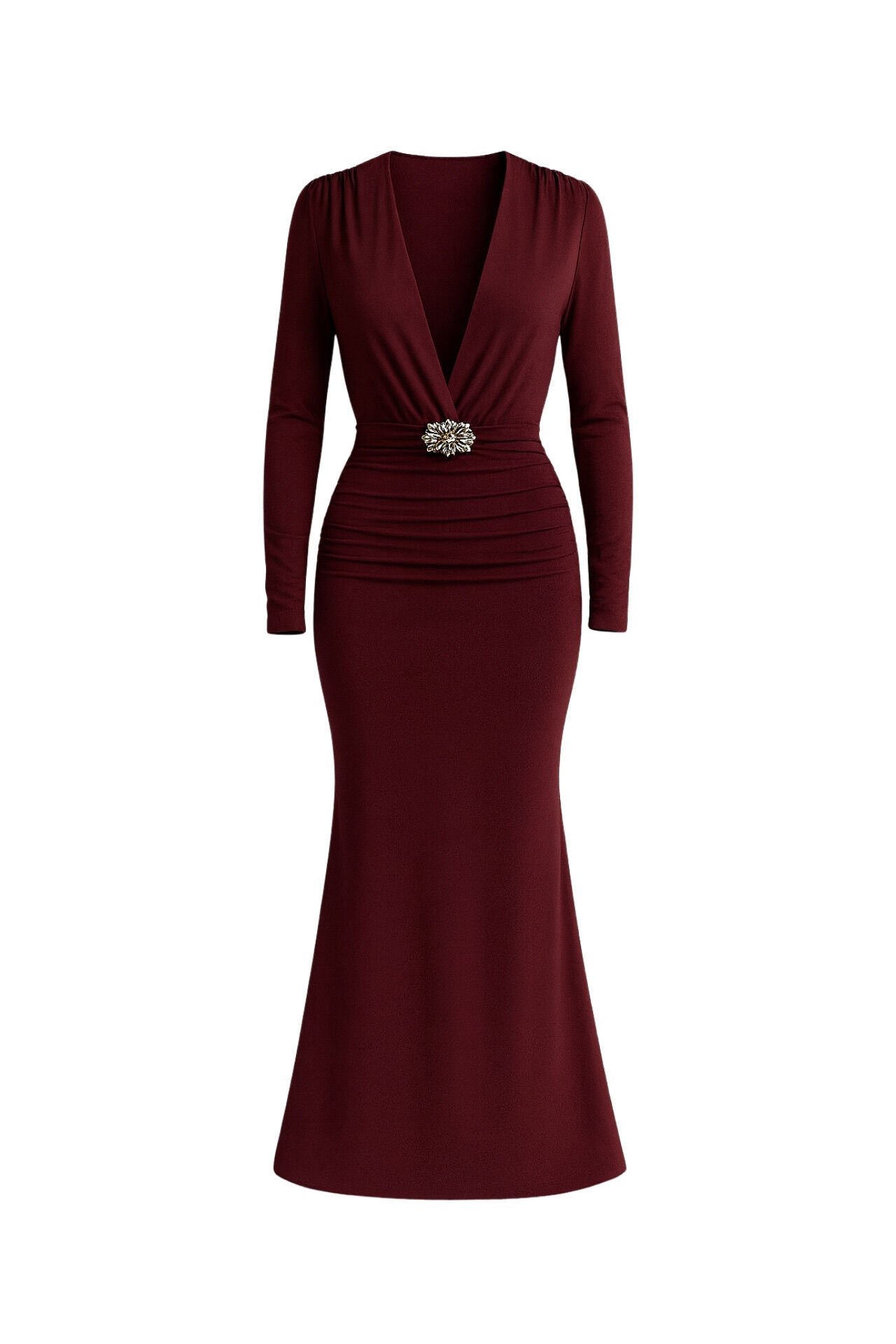 Toptan Aksesuar Detay Omuz ve Bel Büzgülü Bordo Maxi Elbise
